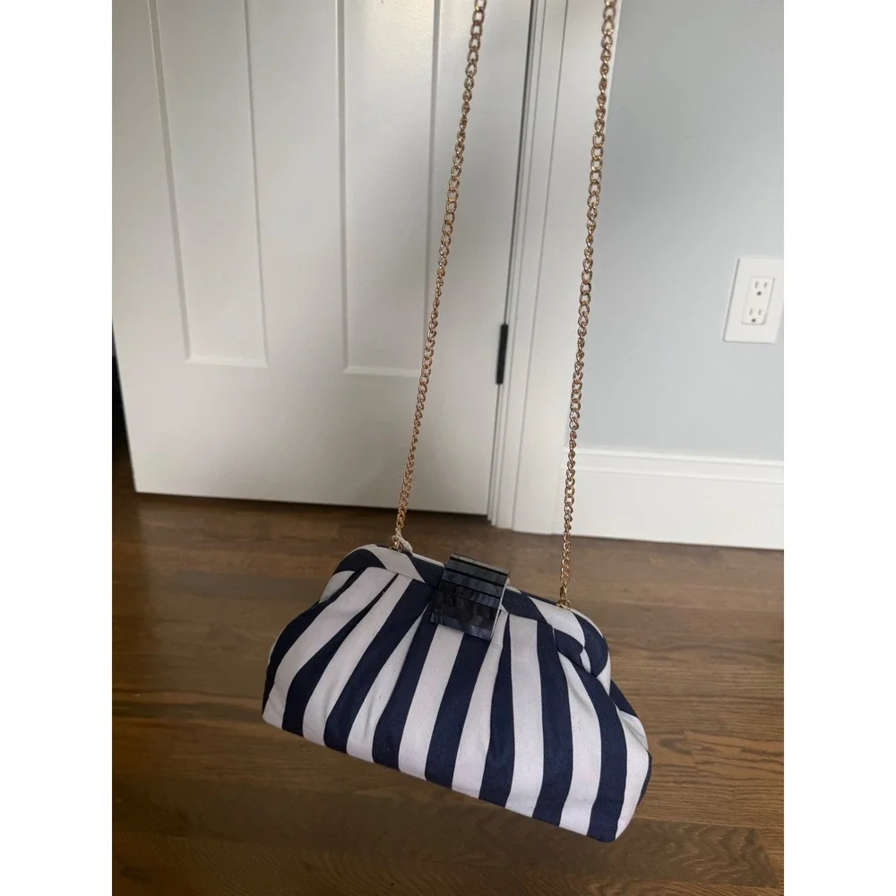 Tommy Bahama Navy Blue White Striped Pleated Clutch Bag Gold Chain Strap - Picture 5 of 9